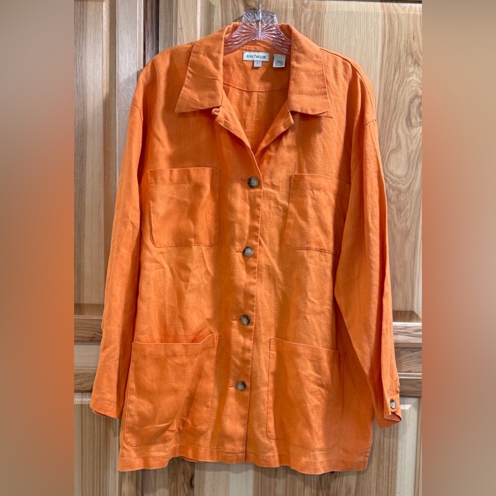 Vintage 1980’s Ann Taylor Orange 100% Linen Tunic Button Jacket Blazer Sz L